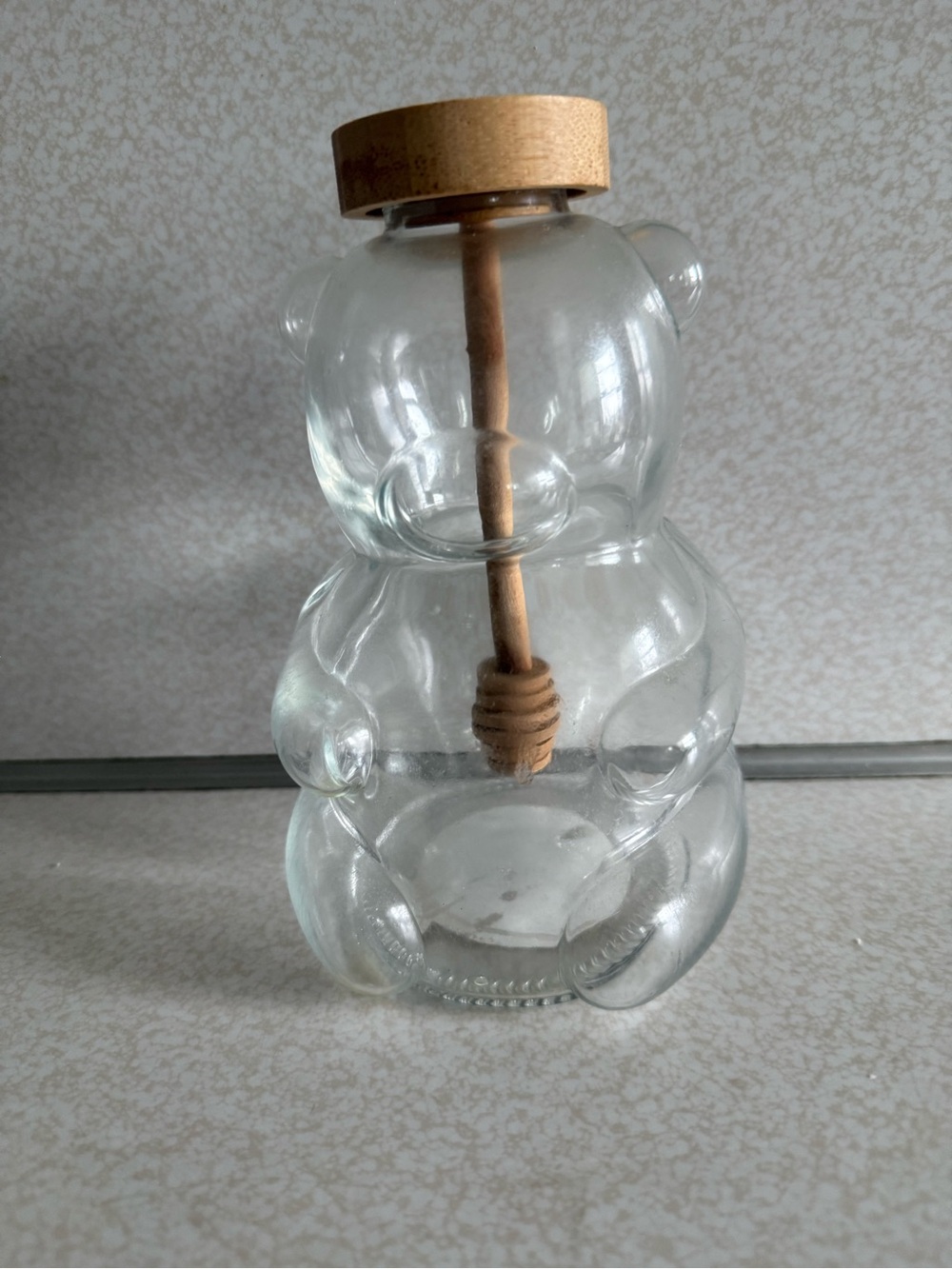 Clear Glass Bear Honey Jar with Wood Dipper